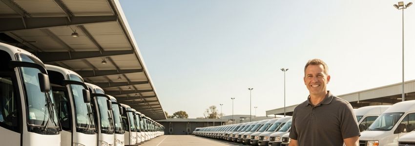 Fleet manager reviewing bus financing options with a fleet of shuttle buses in the background