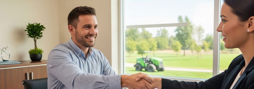Landscaping business owner reviewing bush trimmer financing options