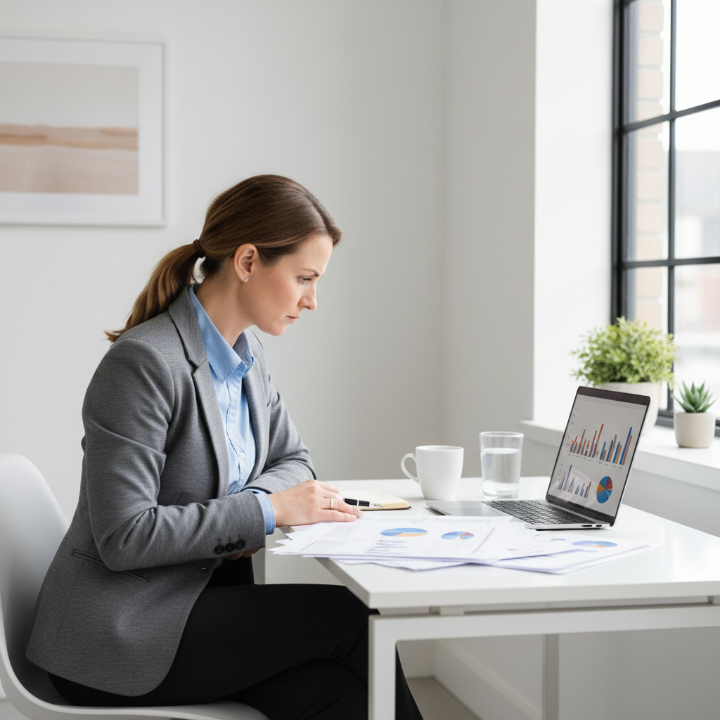 Business owner reviewing acquisition financing documents at a modern office desk