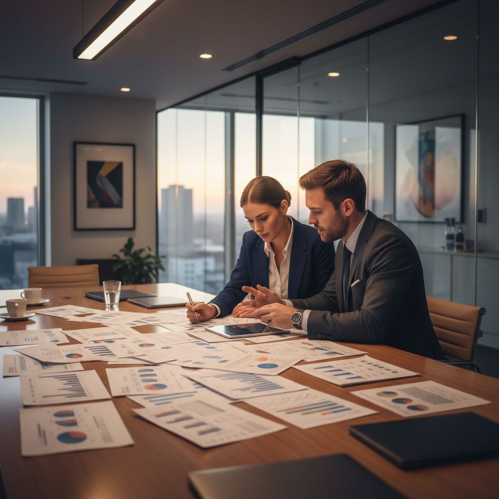 Business buyer reviewing acquisition documents with an advisor at a conference table