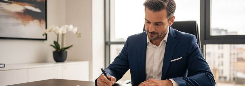 Business owner reviewing auto loan documents at a car dealership, wide panoramic professional shot