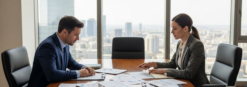 Business professionals reviewing bankruptcy options and financial documents in a professional office setting