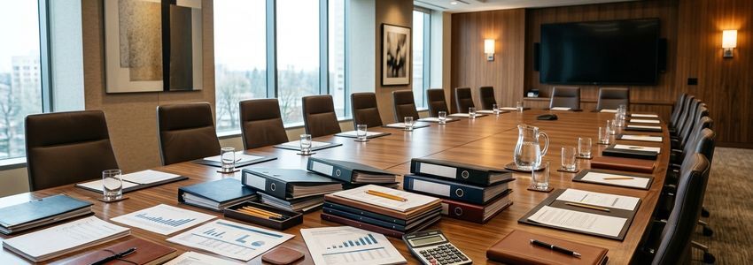Business conference table with financial budget documents and loan application papers