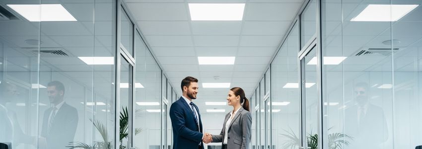 Business professionals shaking hands in a modern business center executive suite office hallway, representing business center loan financing