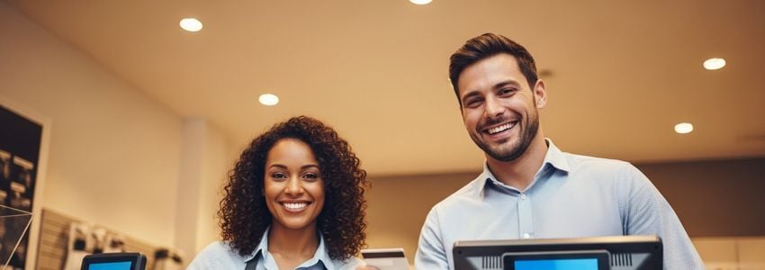 Small business owner holding a business credit card at a retail counter
