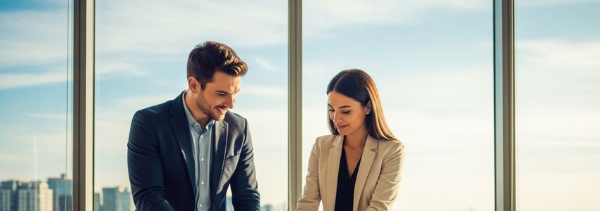 Business professionals comparing financing options and costs at a modern office