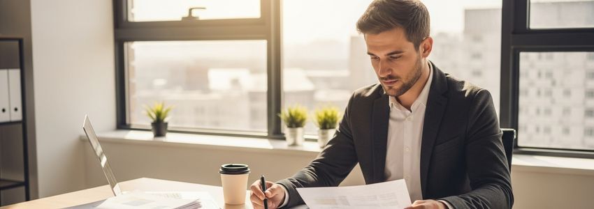 Business owner reviewing credit documents and financial reports in a professional office setting