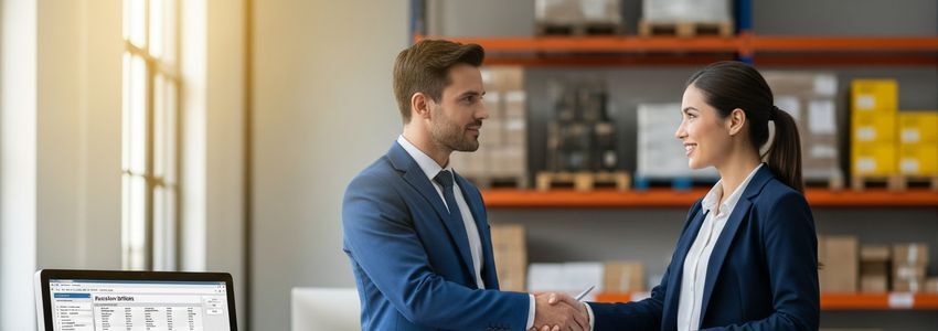 Business professional shaking hands with supplier in warehouse, representing purchase order fulfillment funded by a business credit line