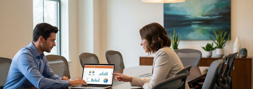 Two business professionals reviewing credit management strategies and financial data in a modern office meeting
