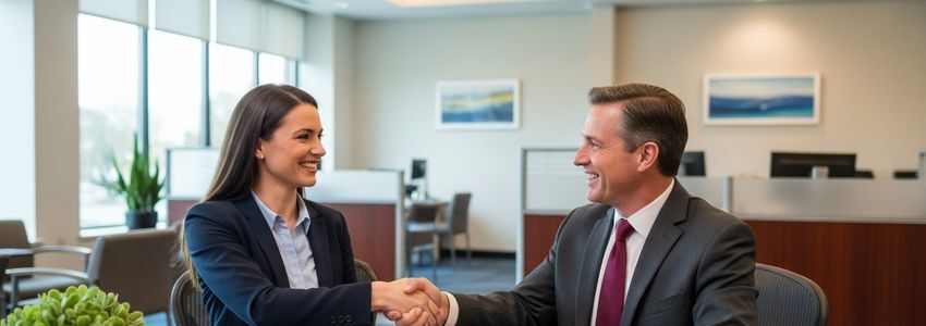Business owner shaking hands with lender after business credit approval in professional office setting