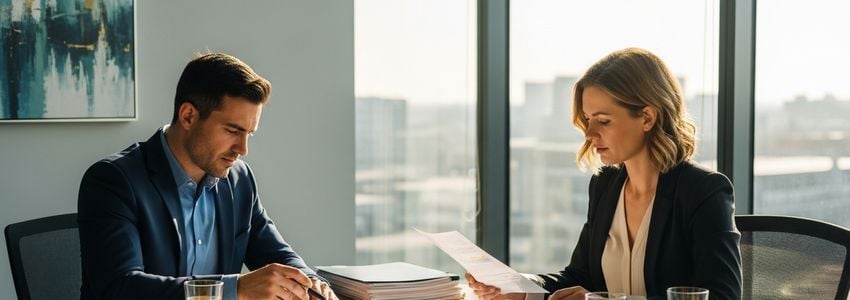 Business owner and financial advisor reviewing credit report documents