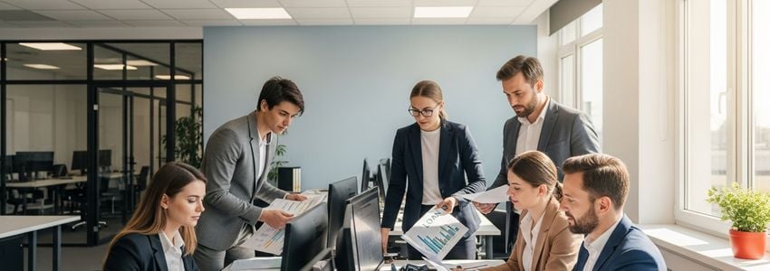 Business professionals reviewing credit score data and financial charts in a modern office setting