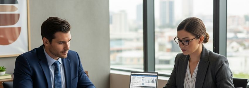 Business owner reviewing their business credit score report on a laptop in a modern commercial office