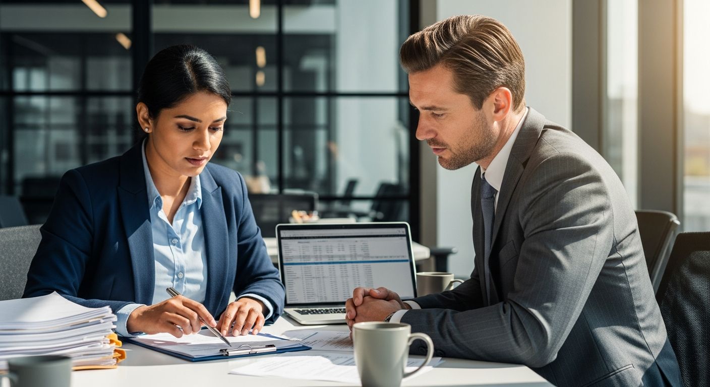 Business owner and financial advisor reviewing business credit and personal credit documents at a conference table