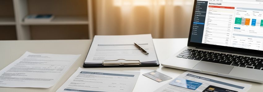 Business credit building tools including credit reports, vendor invoices and financial documents on a professional desk