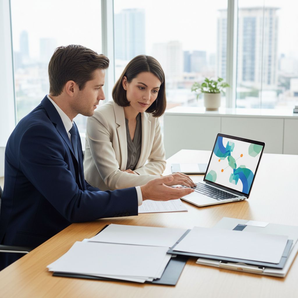 Financial advisor helping a small business owner review debt consolidation options on a laptop