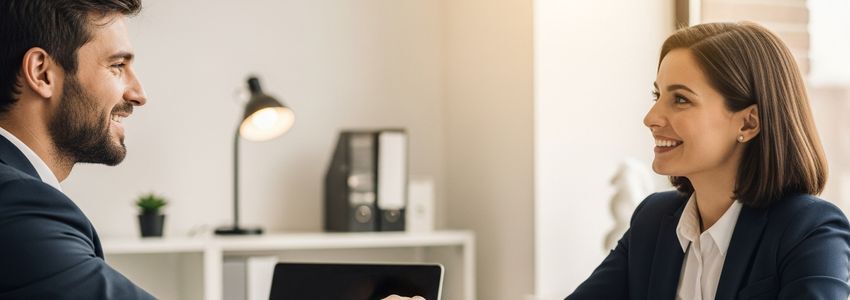 Business owner and financial advisor discussing debt financing strategy at a modern office desk
