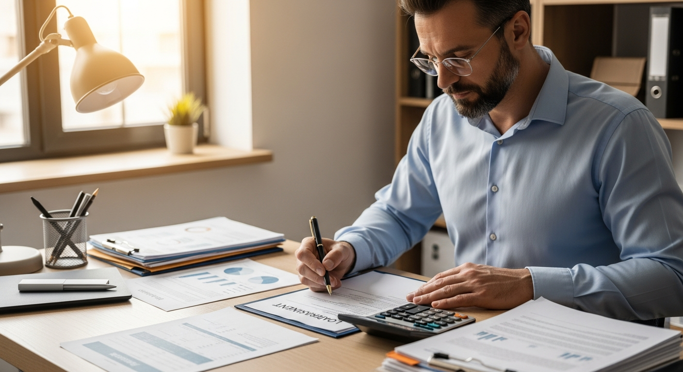 Business owner reviewing debt restructuring documents with a financial advisor in a professional office setting