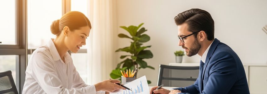 Business professionals reviewing a debt schedule and financial planning documents in a modern office