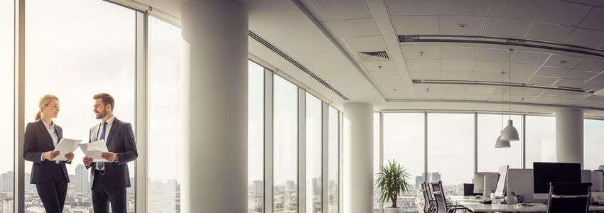 Business professionals reviewing expansion financing documents in a modern corporate office