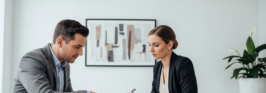 Business owners reviewing expansion loan documents with a financial advisor in a modern office setting