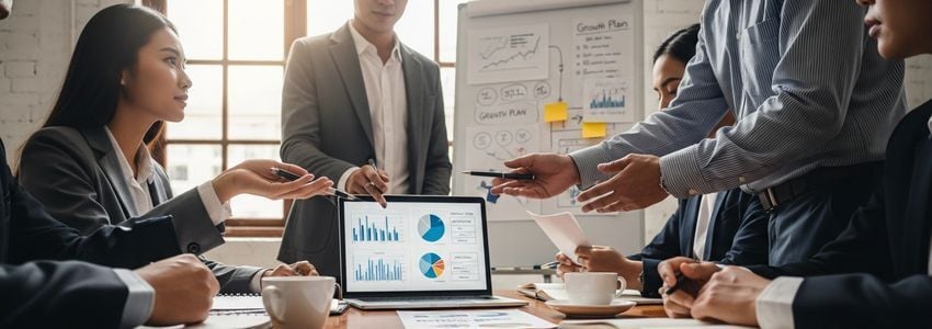 Small business team reviewing expansion strategy and financing options