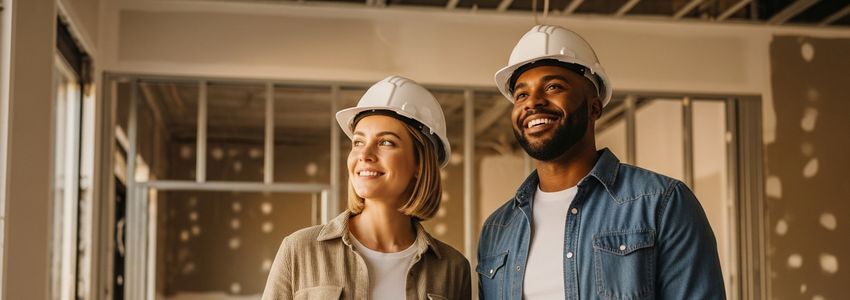 Business owners reviewing renovation plans for small business expansion