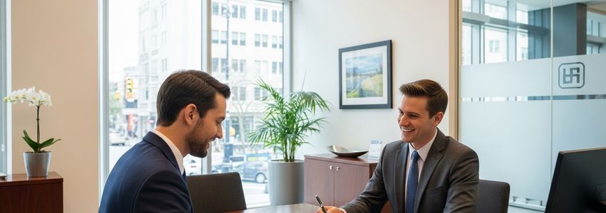 Small business owner signing expansion loan documents at a financial institution
