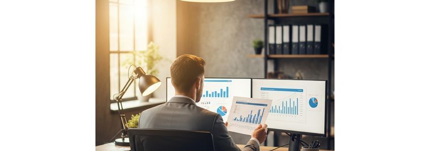 Business professional analyzing financial growth charts on dual monitors to plan revenue growth strategy