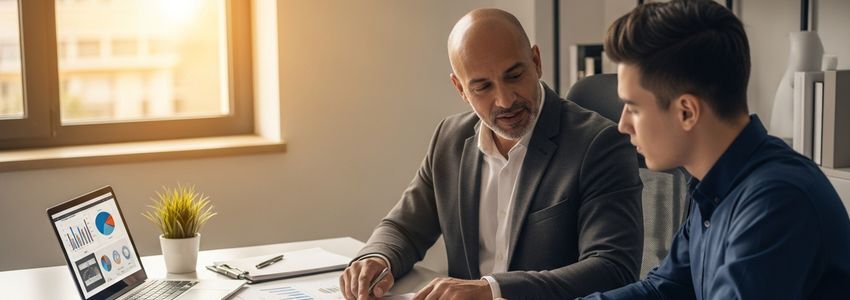 Business mentor and startup entrepreneur reviewing business strategy and data in a professional office setting