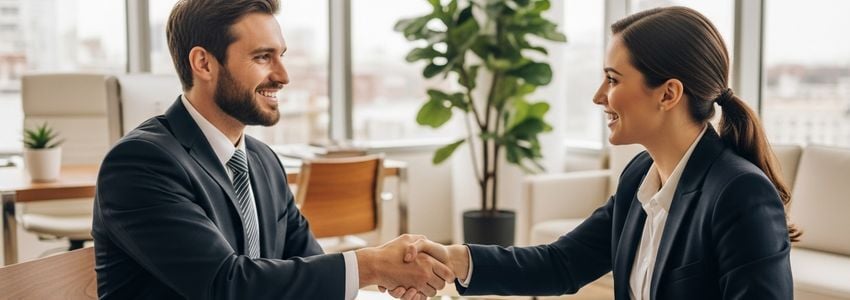 Small business owner and insurance broker shaking hands after finalizing a business insurance policy