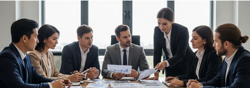 Business professionals reviewing investment planning and financial charts at a conference table