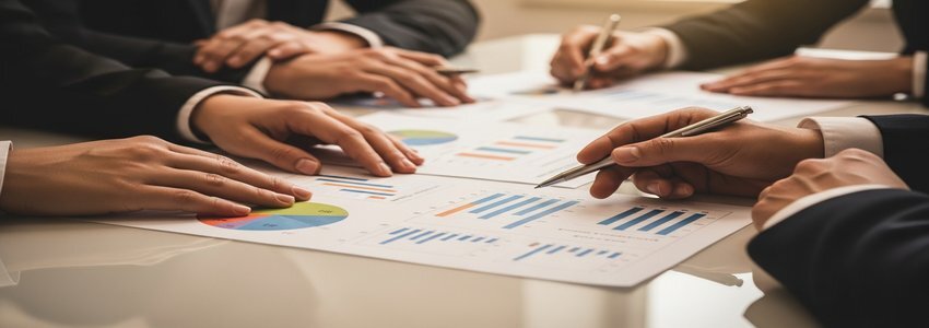 Business professionals reviewing small business lending market share data and charts