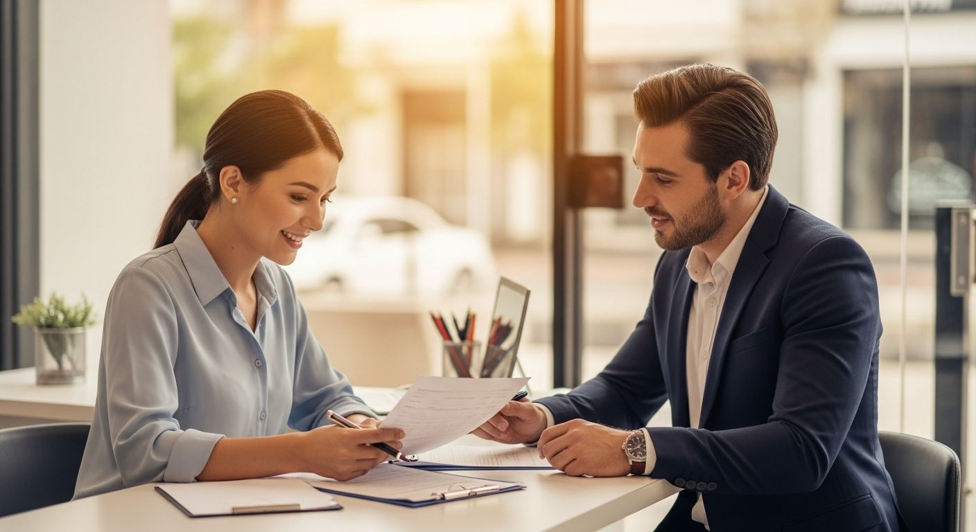 Business owner and financial advisor reviewing line of credit documents in a professional office setting