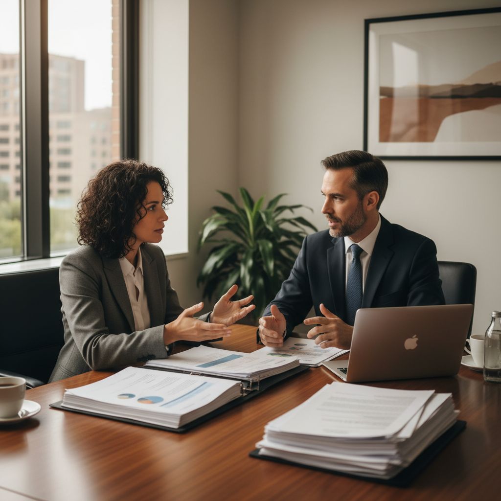 Small business owner and advisor discussing a business line of credit at a table