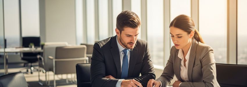 Business professionals reviewing line of credit documents together in a modern office
