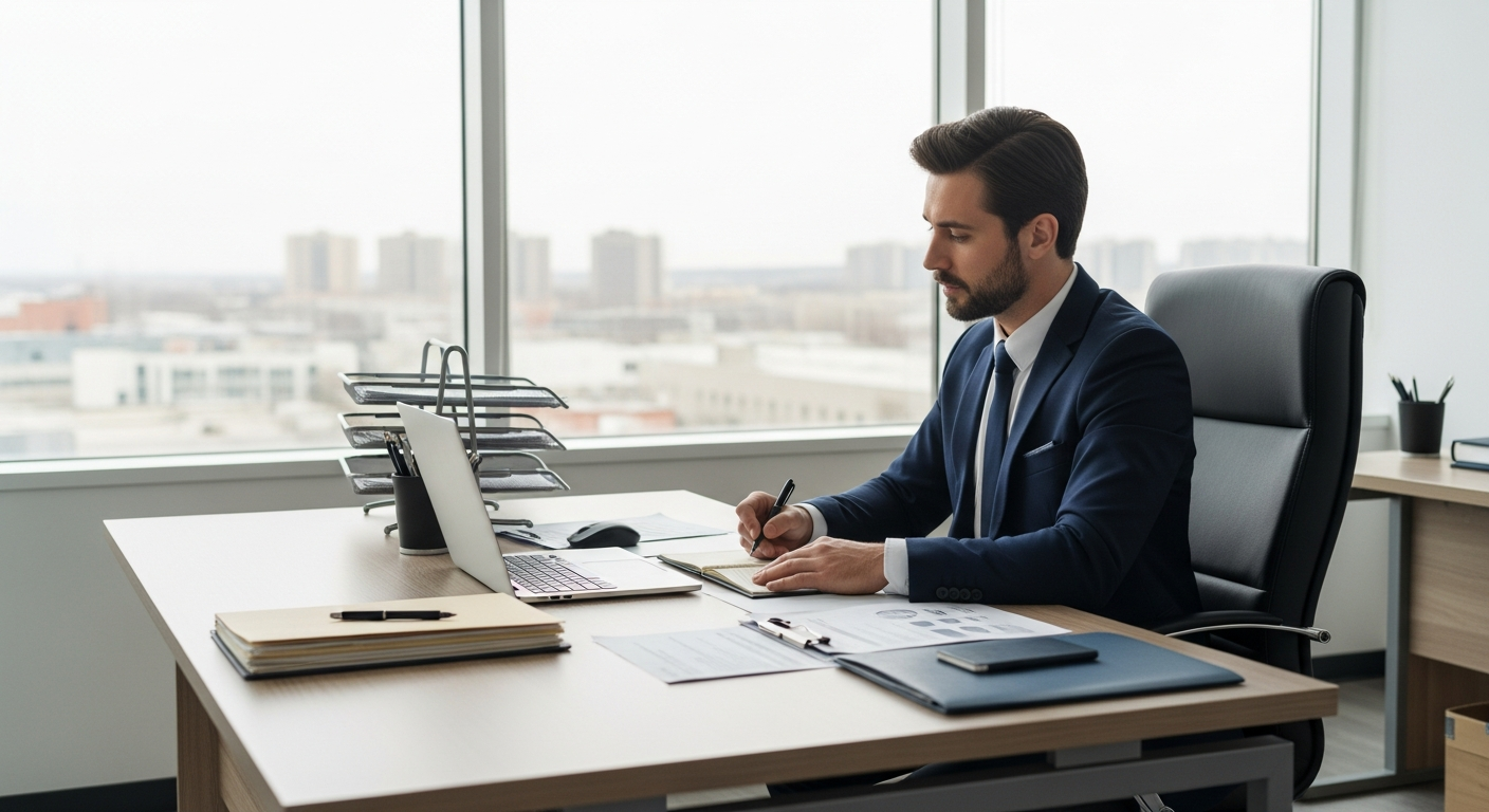 Business professional reviewing documents at desk preparing to apply for a business line of credit