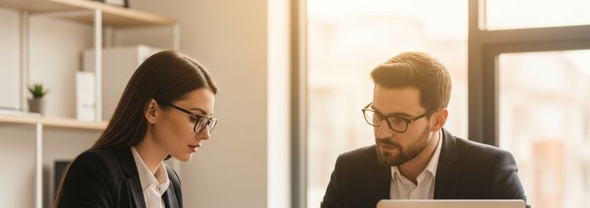 Business owner reviewing loan documents with financial advisor in modern office
