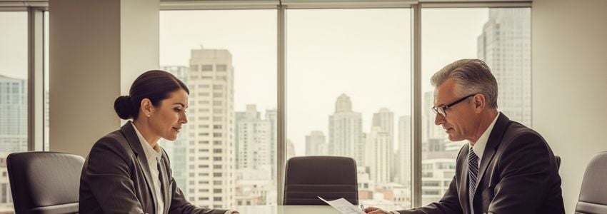 Business professionals reviewing loan documents in a corporate office for established 5-year business financing