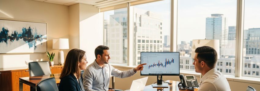 Business professionals reviewing loan options with excellent credit score documentation