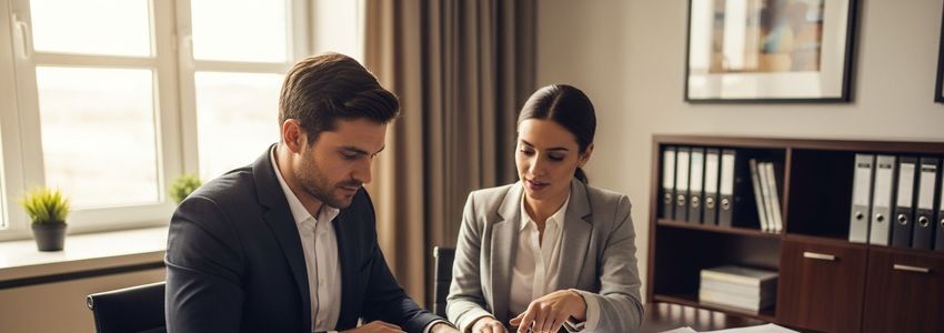 Business professionals reviewing loan documents after bankruptcy recovery