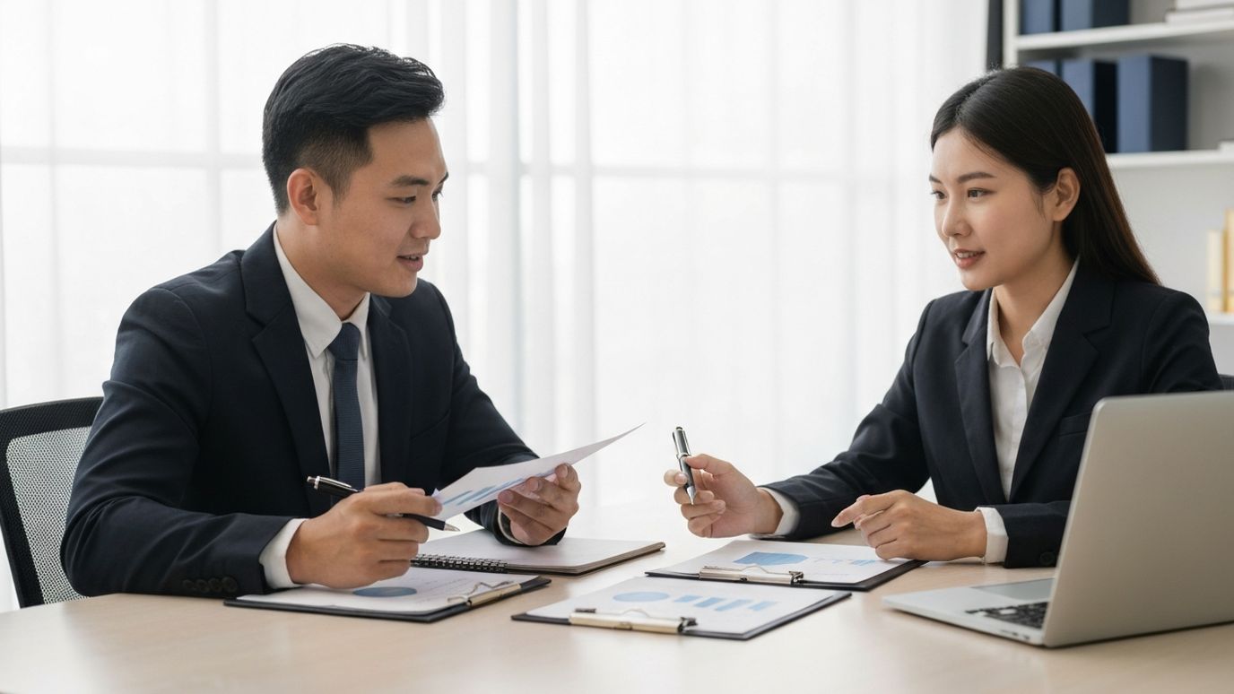 Business advisor and owner reviewing loan application documents together in a professional office setting