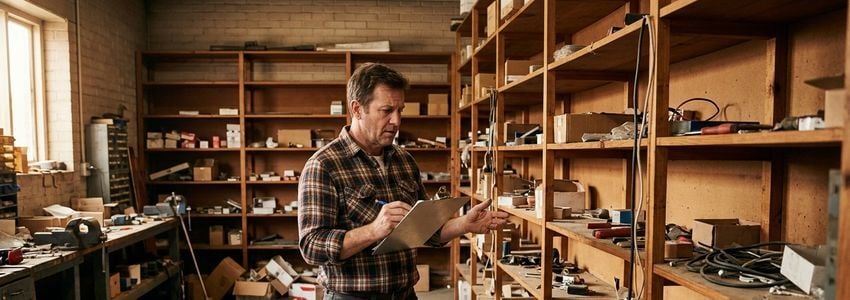 Small business owner inspecting empty shelves and inventory list after equipment theft