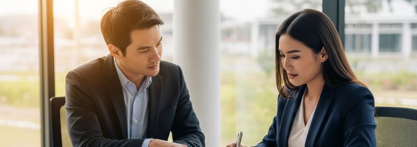 Business owner reviewing commercial property loan documents with a financial advisor