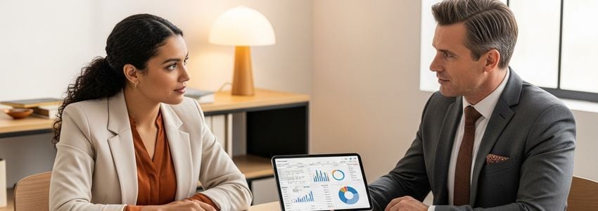 Business professionals reviewing loan calculator results and financial data together at a conference table