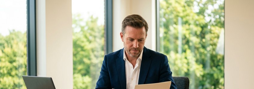 Small business owner reviewing chargeback dispute paperwork and financial statements at an office desk