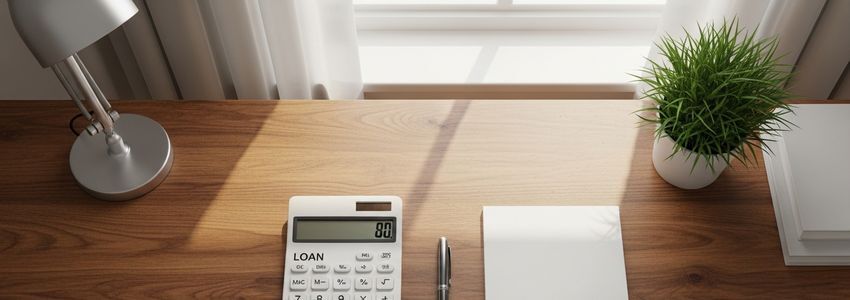 Business professional reviewing loan documents and financing options in a modern office setting