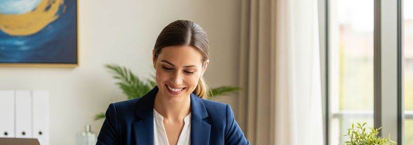 Business loan specialist and owner reviewing closing documents in professional office