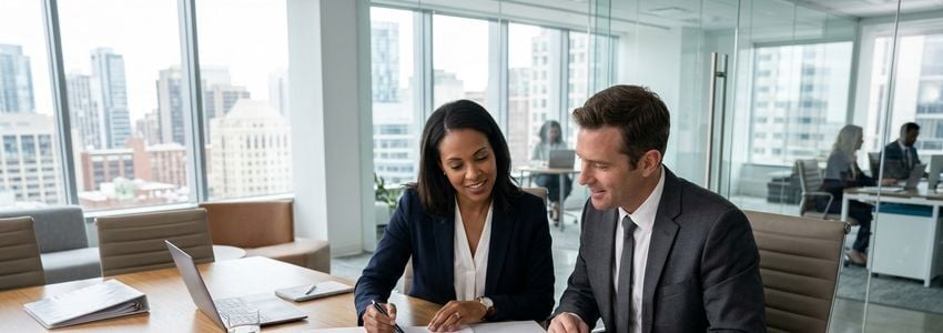 Business professionals reviewing loan application paperwork at a conference table