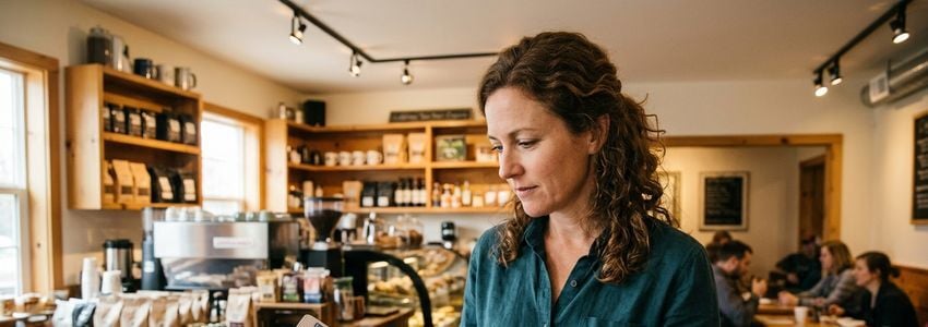 Small business owner reviewing daily payment loan statements at office desk